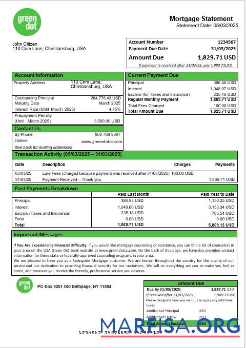 Printable USA Green Dot mortgage statement in Word and PDF formats real example
